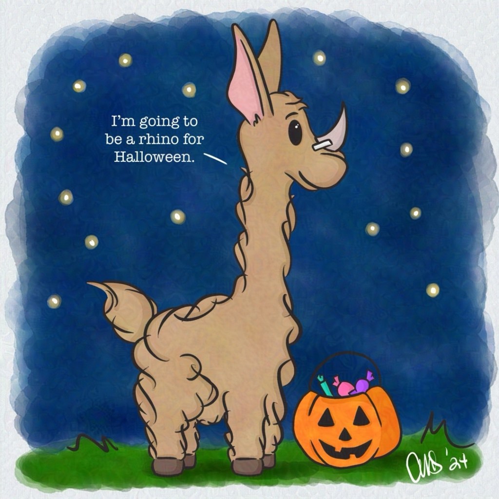 Lulu the llama is getting ready for halloween with a rhino horn taped to her nose and her pumpkin halloween bucket by her side with candy sticking out. Text reads "I'm going to be a rhino for Halloween."