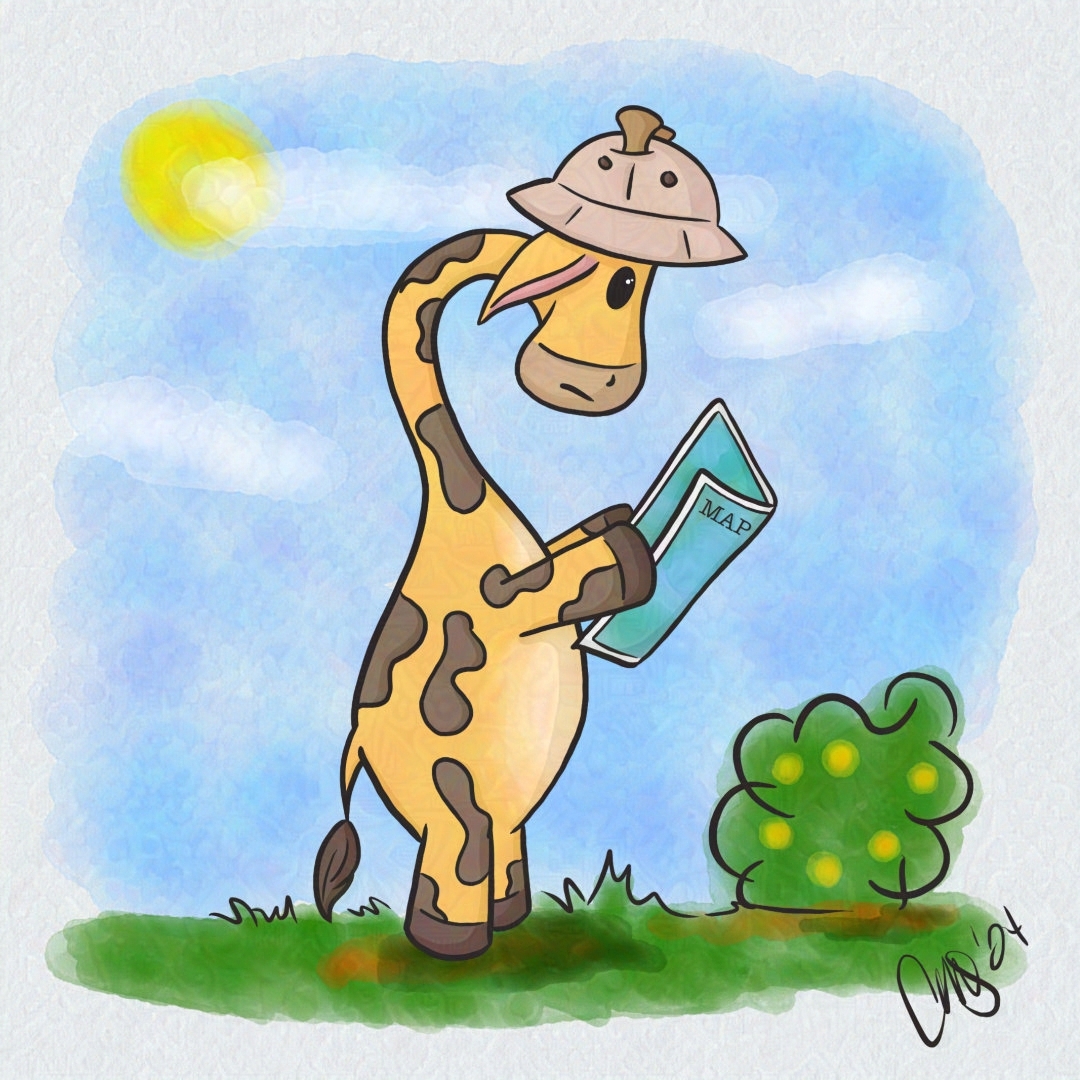 Gigi the giraffe is wearing an explorers hat and looking down at a map on a sunny day.