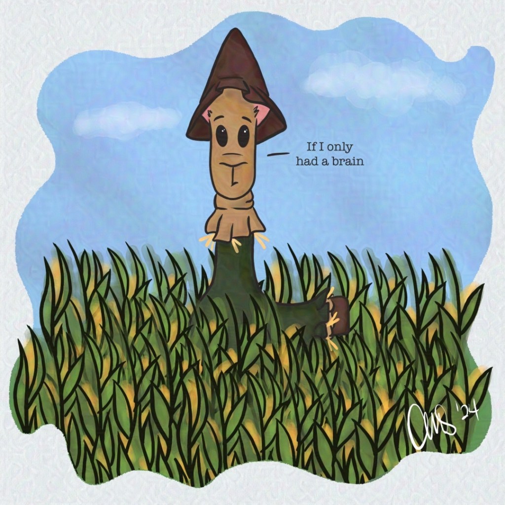 Lulu the llama dressed as the scrarecrow from the Wizard of Oz movie. She is popping out of a corn field and pointing to the right. She is quoting a line from the movie "If I only had a brain"