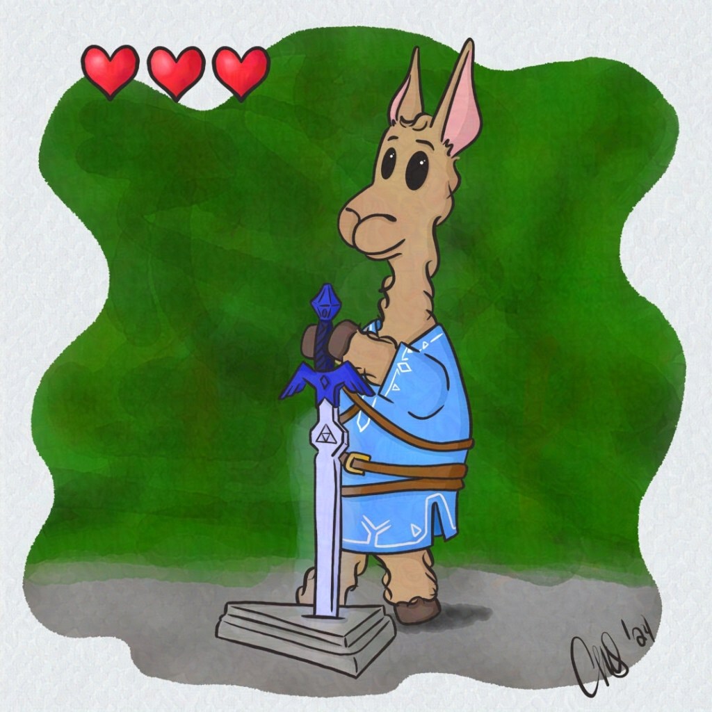 Lulu the Llama has made it to the master sword. She is standing behind the master sword from "Zelda: Breath of the Wild" and is trying to pull out the sword. She is wearing Link's tunic from the game but she only has 3 hearts.