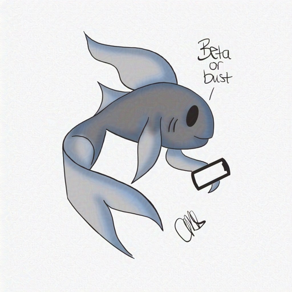 A betta fish holding a phone. Text reads Beta or Bust