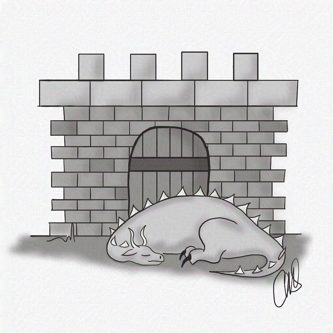 Dragon sleeping in front of a castle gate.