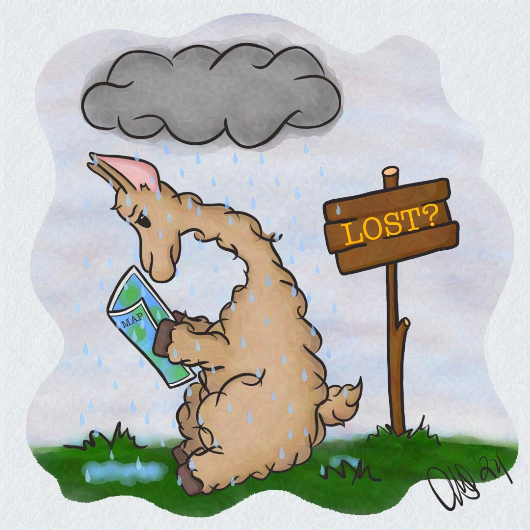 Lulu the llama is sitting under a raincloud that looks like it is just over her. She is looking down at a map and is next to a sign that says lost