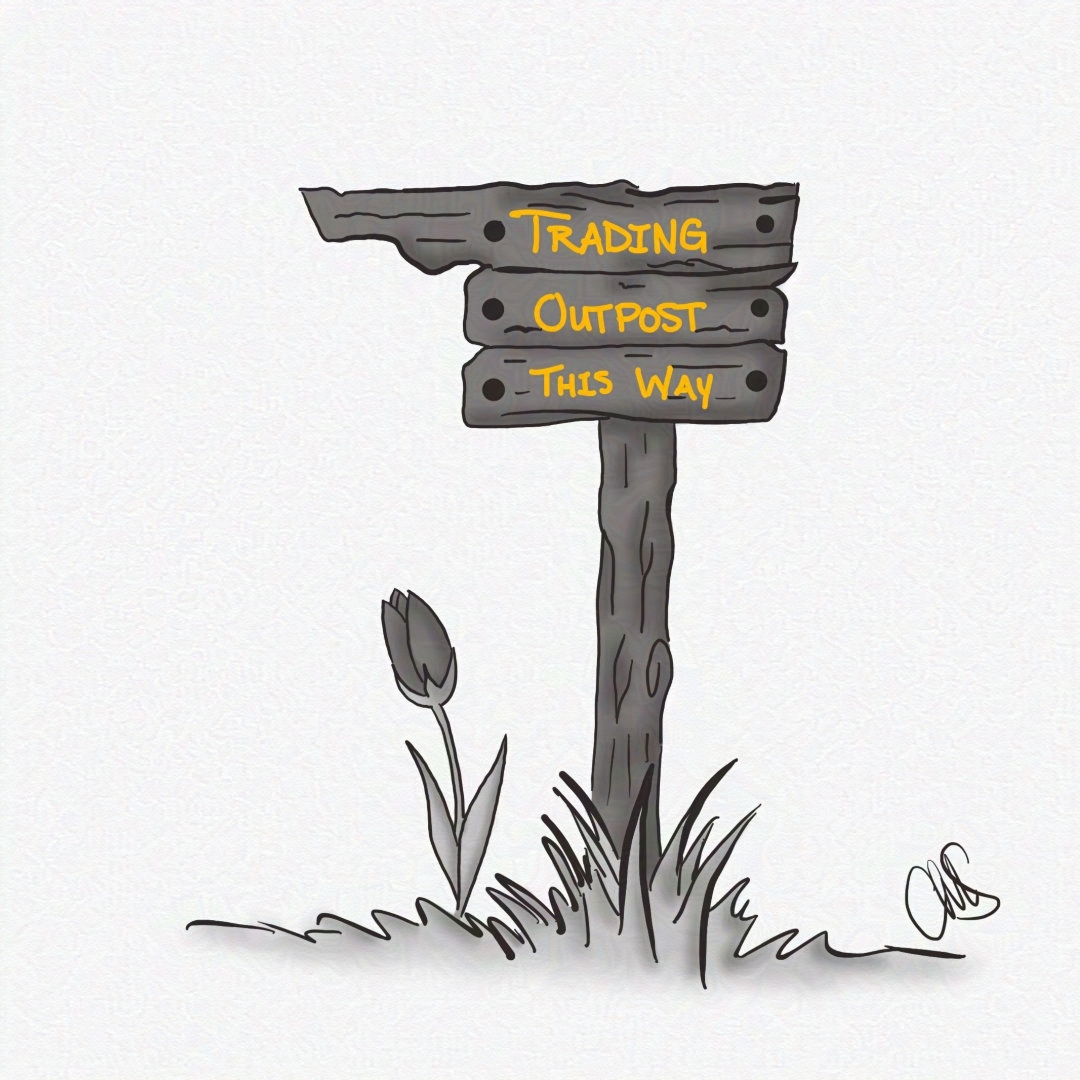 decaying wooden sign that looks like it is pointing to the left and reads "TRADING OUTPOST THIS WAY". The sign is surrounded by long grass and a tulip.