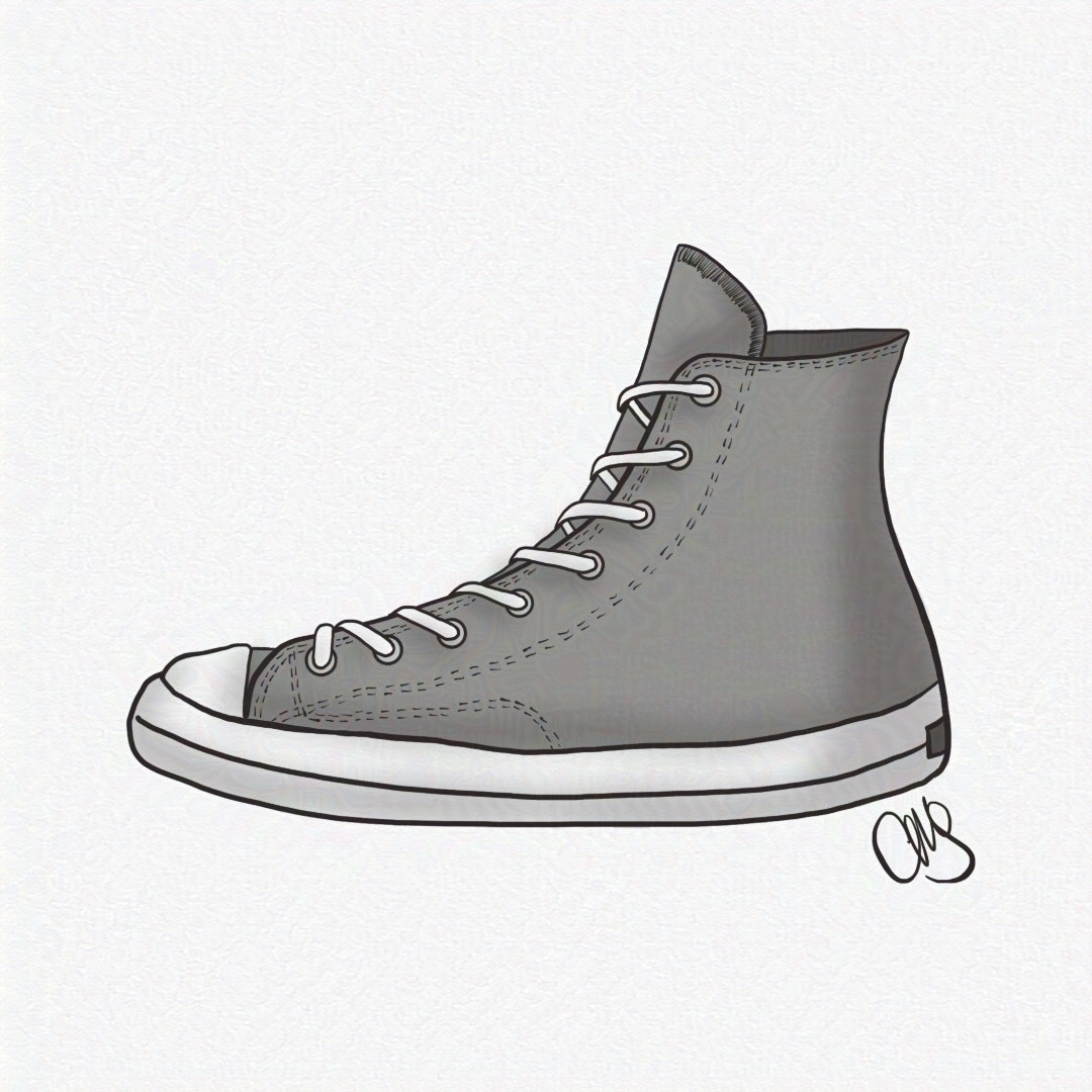 black and white drawing of a converse style hightop shoe.
