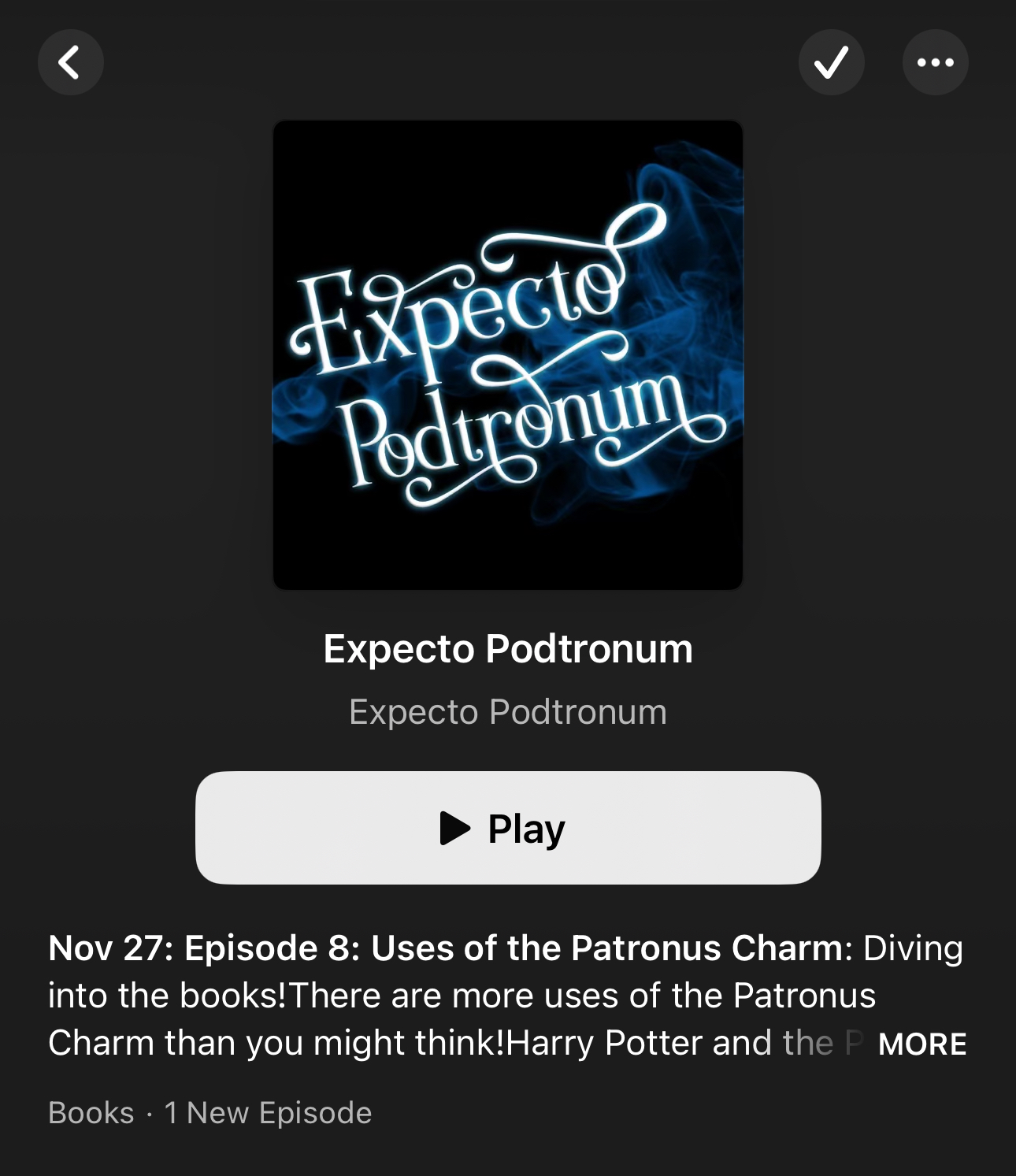 screenshot of Apple Podcasts with my album art on a podcast Expecto Podtronum