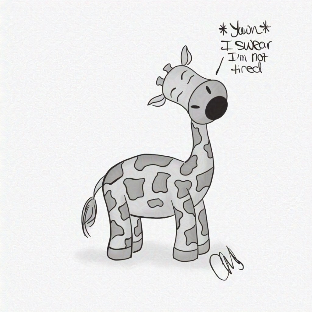 Gigi the giraffe, evidently tired from yawning, asserts, "I swear I'm not tired." Like most children, she resists the idea of going to sleep.