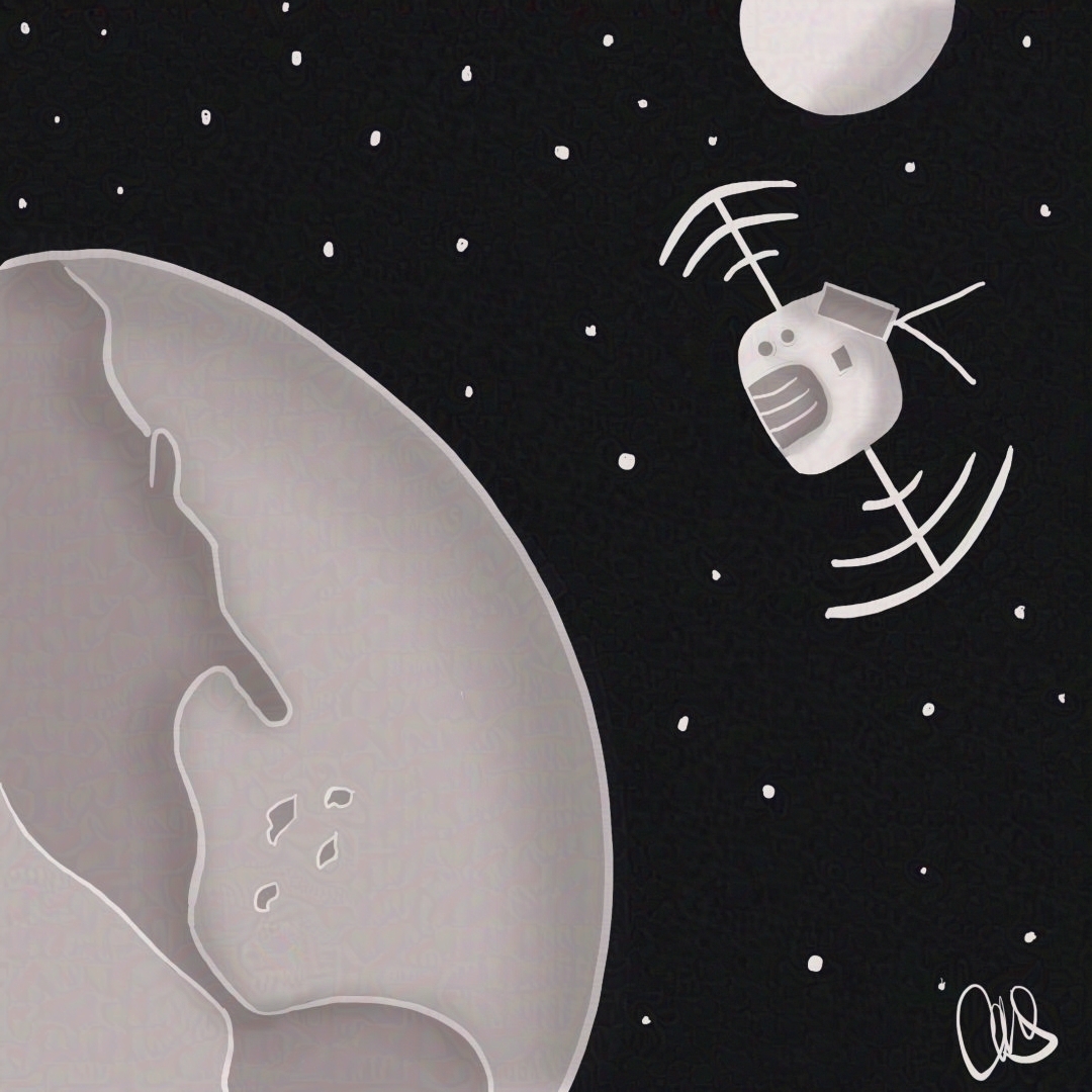 A satellite floats in the vast expanse of space, gracefully orbiting the Earth. The celestial backdrop features the presence of the moon and stars.