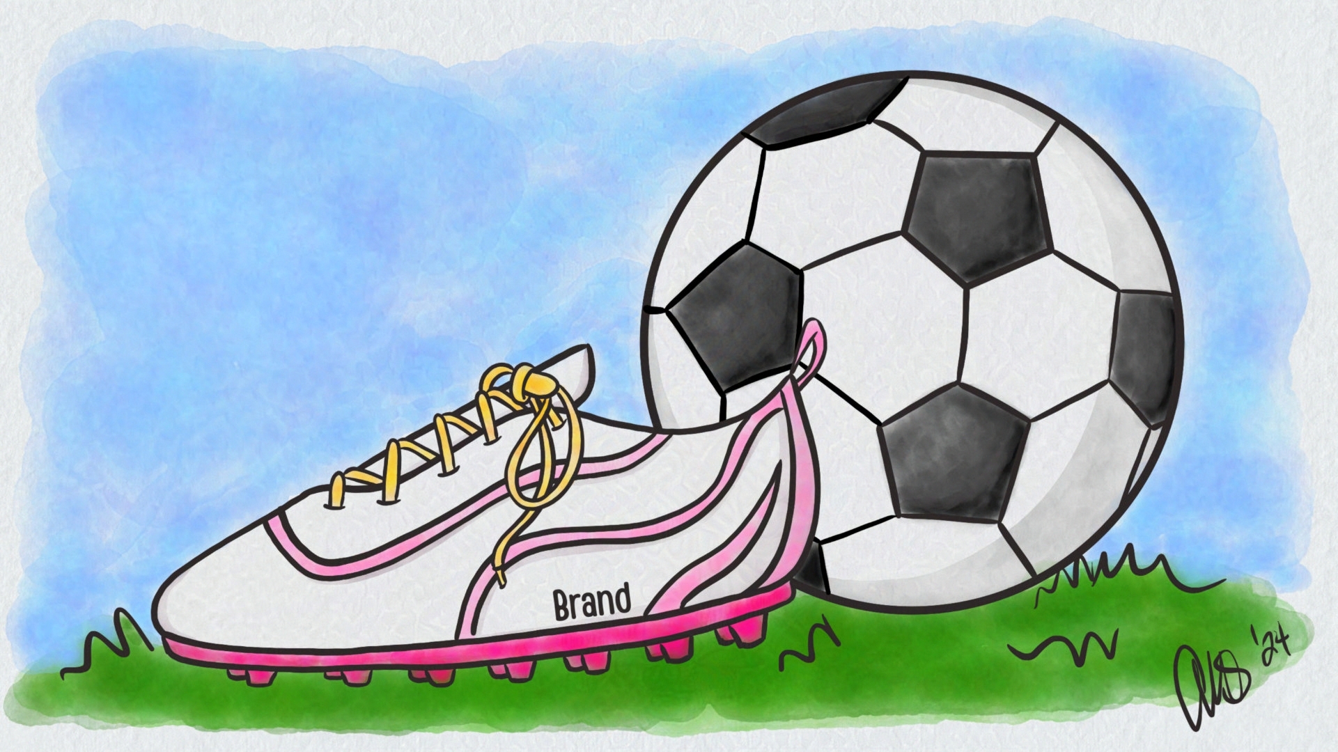 A soccer ball and womens soccer kleet resting on the grass.