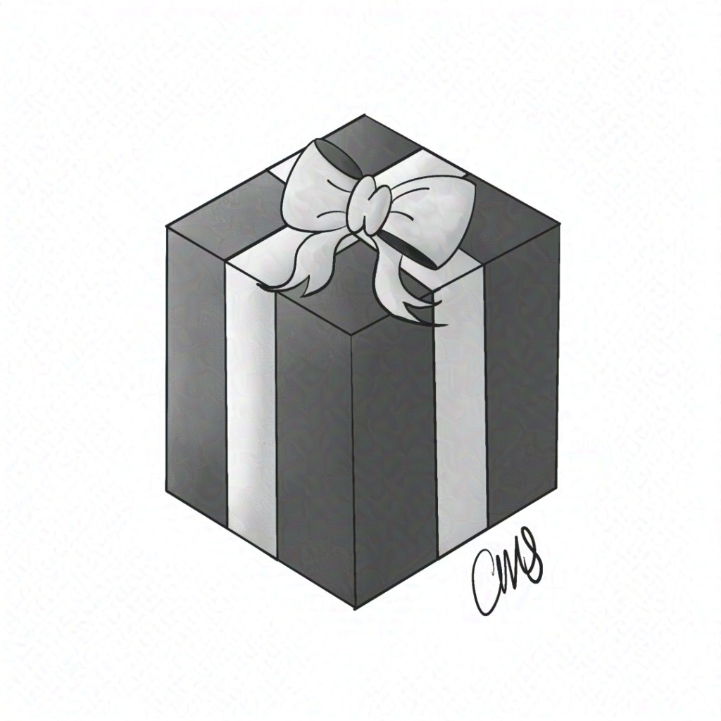 The isometric gift box is all wrapped up with a bow on top.