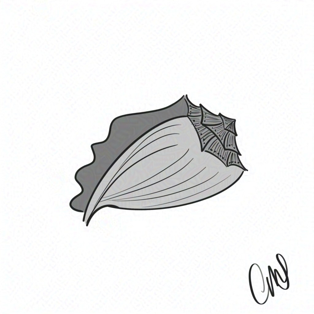 A pen and ink doodle of a conch shell, as it was commonly used to produce a trumpet-like sound.