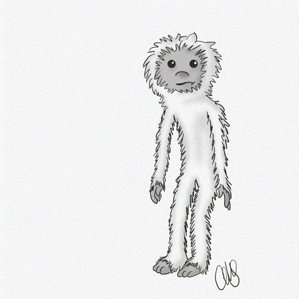 A skinny and furry yeti looking slightly sad or serious.