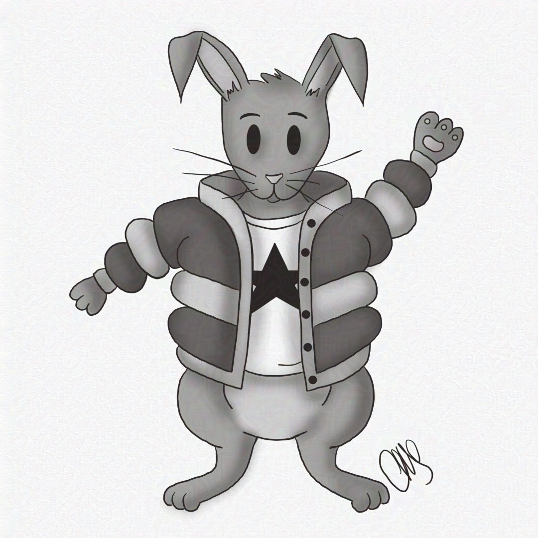 Rabbit wearing a t-shirt with a star and a puffy jacket. One arm is raised.