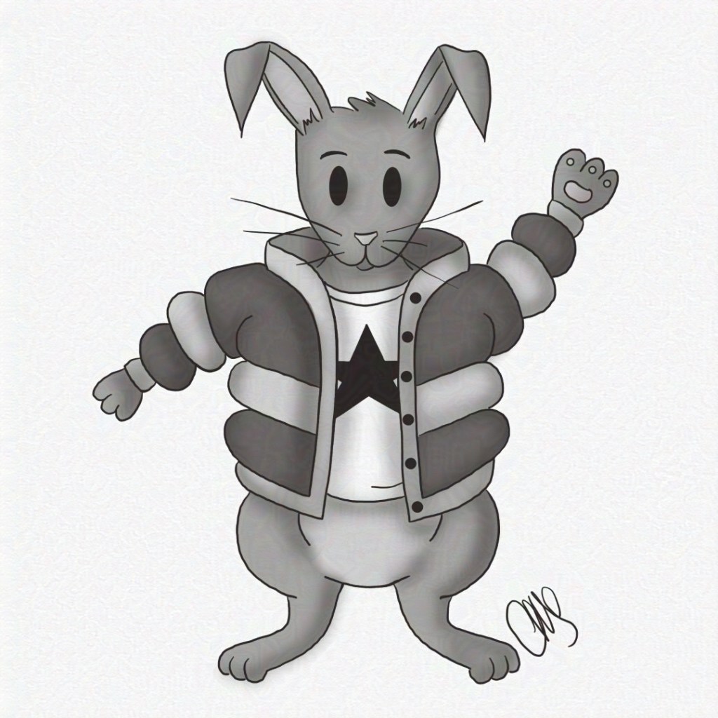 Rabbit wearing a t-shirt with a star and a puffy jacket. One arm is raised.