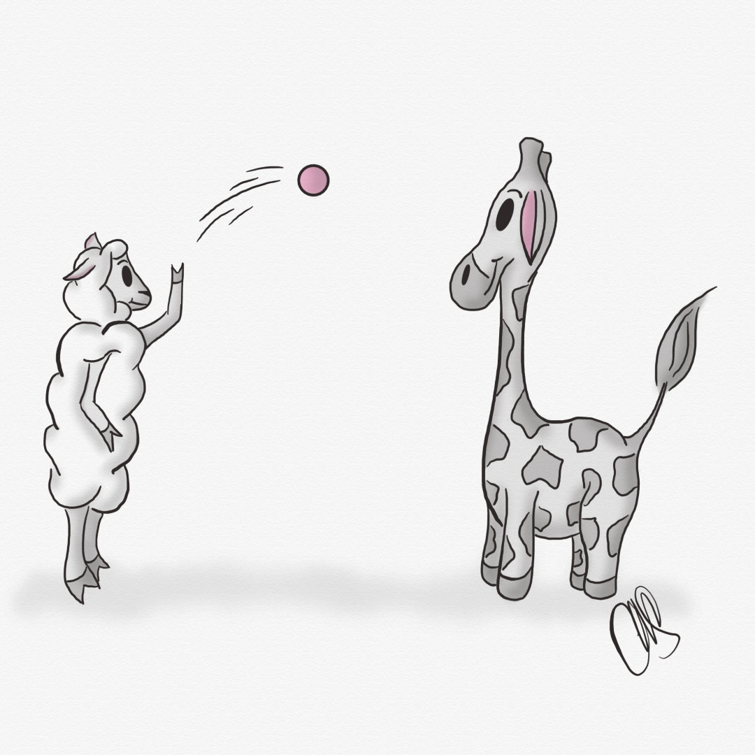 Gigi (the giraffe) is waiting to catch a ball thrown by Sheepie (the sheep). This is very much not my best drawing.