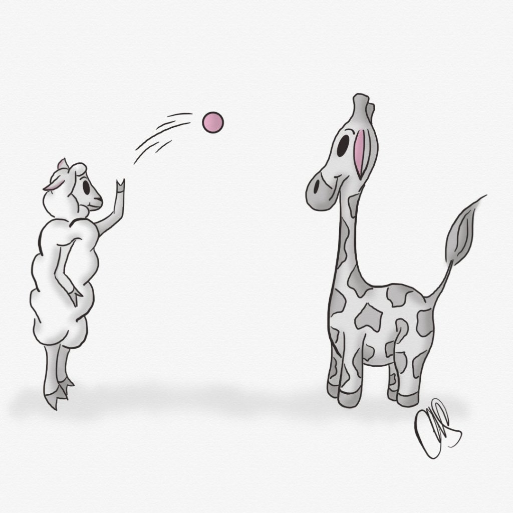 Gigi (the giraffe) is waiting to catch a ball thrown by Sheepie (the sheep). This is very much not my best drawing.