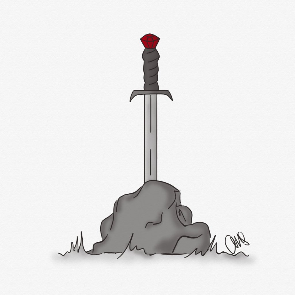 A sword with a ruby on its hilt that is stuck in a large stone on the ground. Clearly a reference to the sword in the stone, King Arthur, and the knights of the Round Table.
