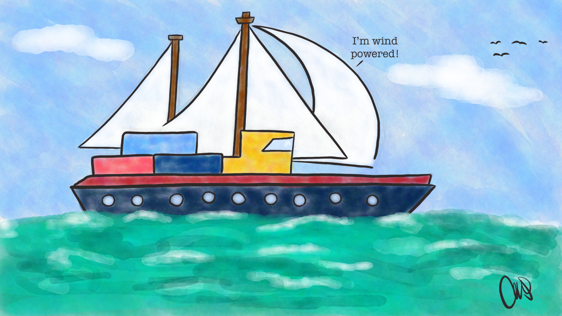 A mash-up of a sailboat and commercial shipping boat. Meant to illustrate the shift to wind power in shipping, which is a win for the planet.