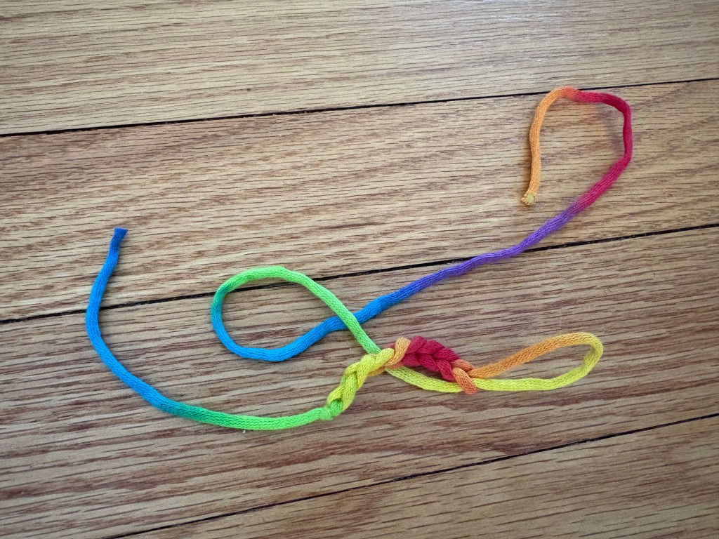 Yarn started and ready to practice a chain stitch.