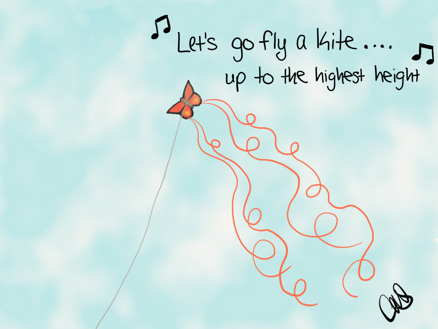 Orange and black butterfly kite up in the air, with orange ribbons trailing off them. Song quote: "Let's go fly a kite ... up to the highest height" from Mary Poppins.