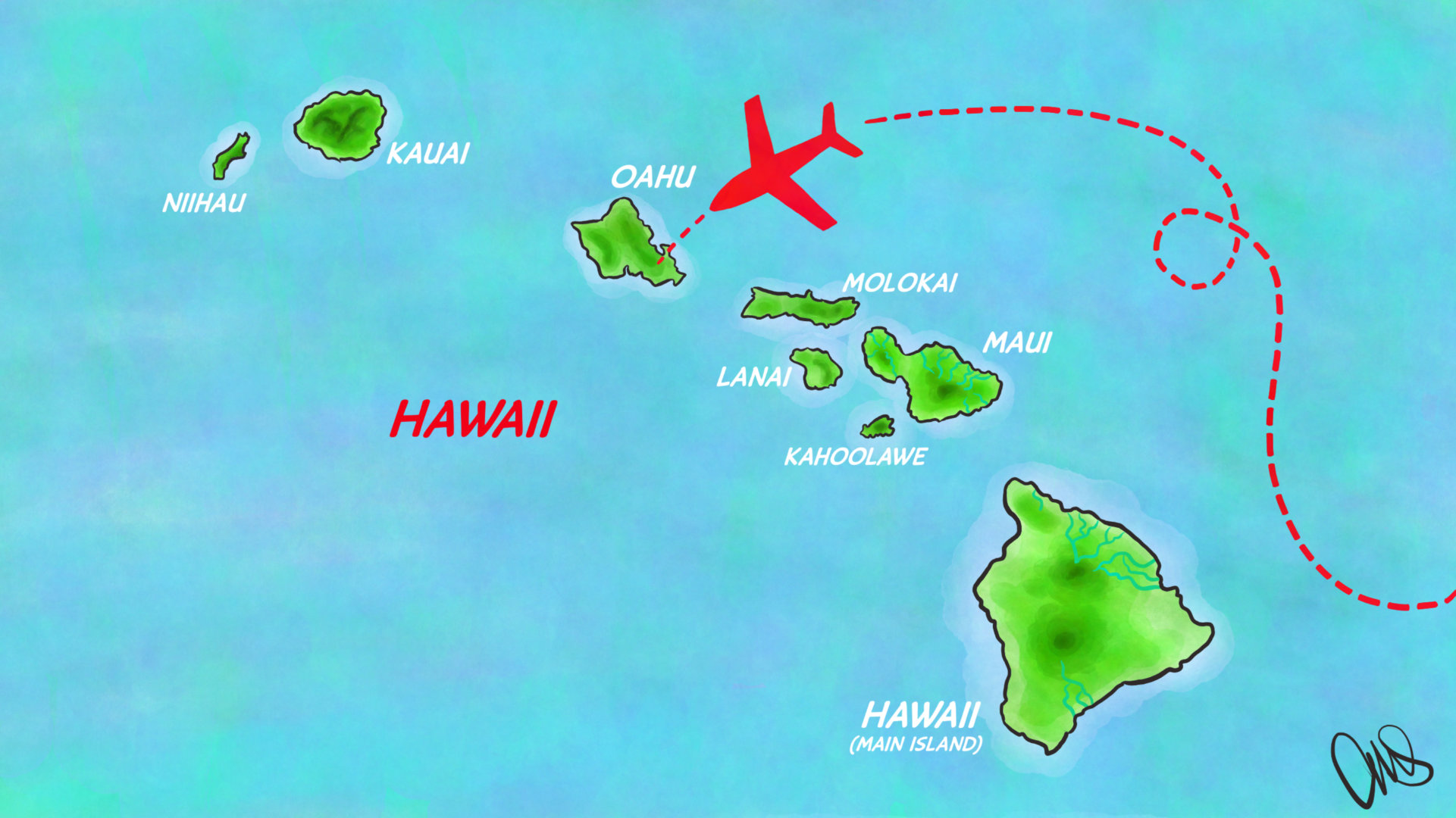 Overhead map of Hawaii. There is a cartoonish plane flying towards Honolulu with a dotted line like in old movies.