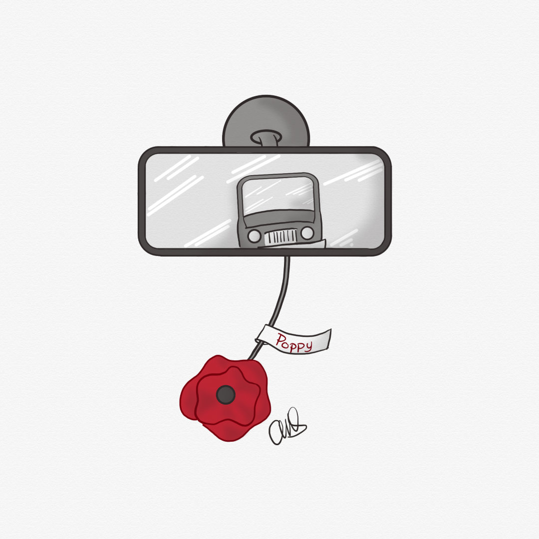 A rear view mirror in a car with one of the plastic poppy flowers hanging from it. In the United States, these are given out at road sides for donations by veterans groups.
