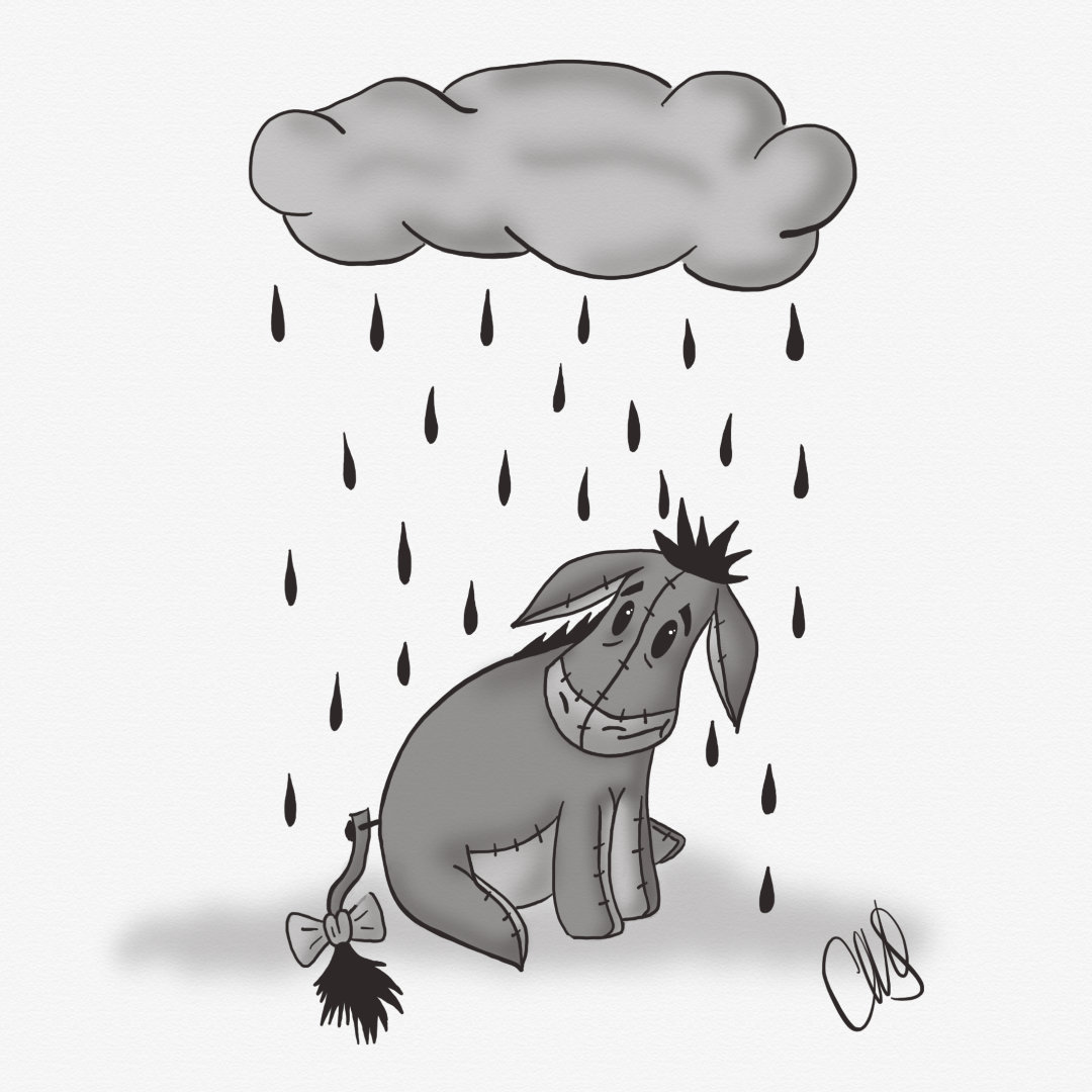 Eeyore from Disney's “Winnie the Pooh“ is sitting looking sad under a storm cloud.
