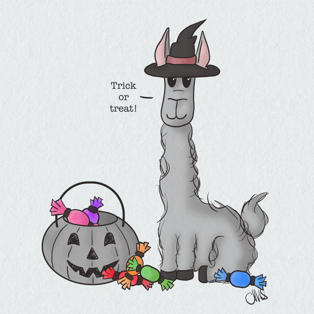 Lulu the llama is wearing a witch’s hat, with her pumpkin candy bucket and colorful candies all strewn about on the floor.