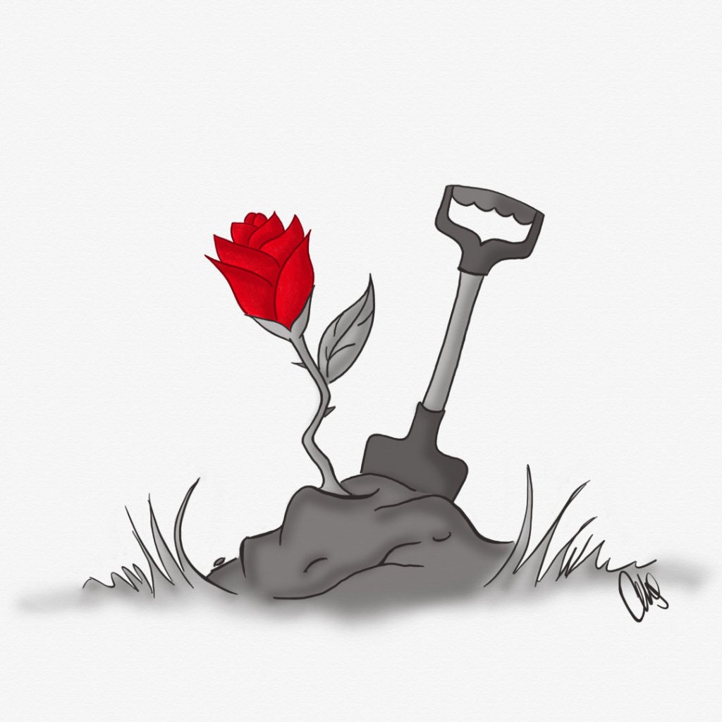 A rose coming out of the ground with a shovel also in the same mound of dirt.