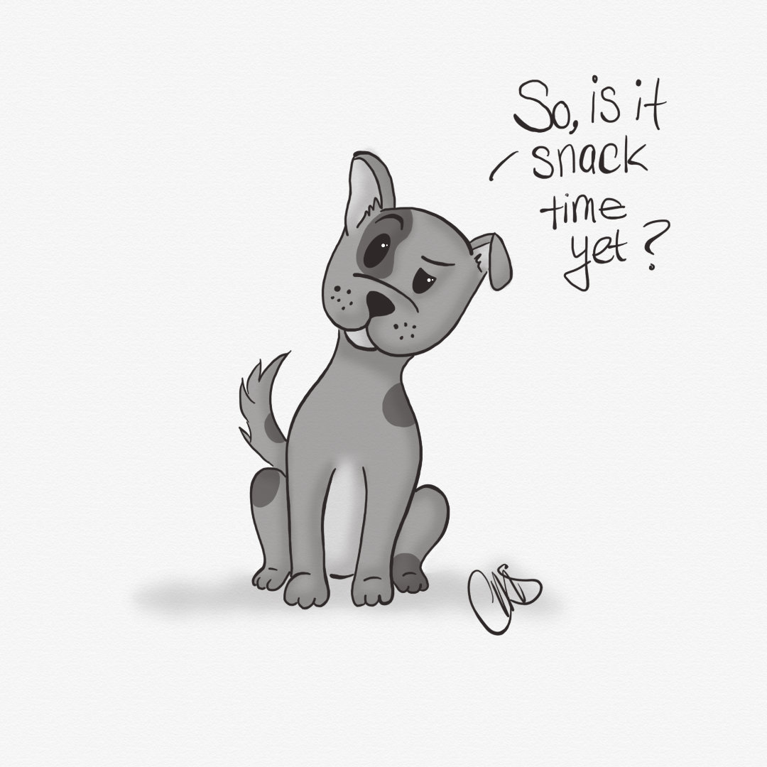 A puppy sitting with its tail up and head cocked to the side, looking confused. Text reads: "So, is it snack time yet?"