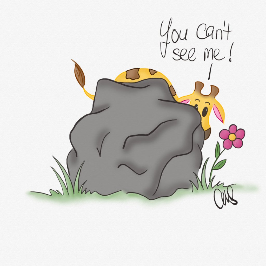 Gigi the giraffe is hiding behind a large boulder. Text: "You can't see me!"