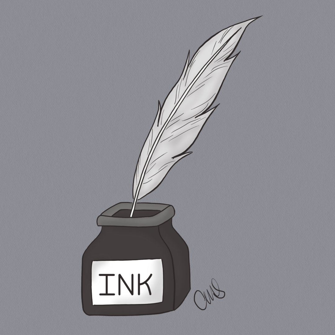 A quill resting in an ink pot.