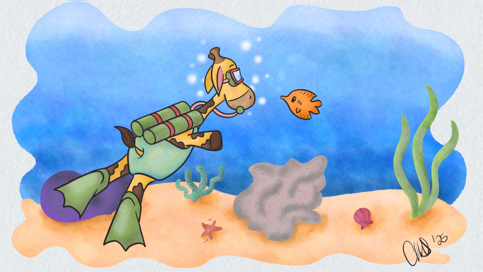 Gigi the giraffe is scuba diving in a reef. There is an orange fish looking at her.