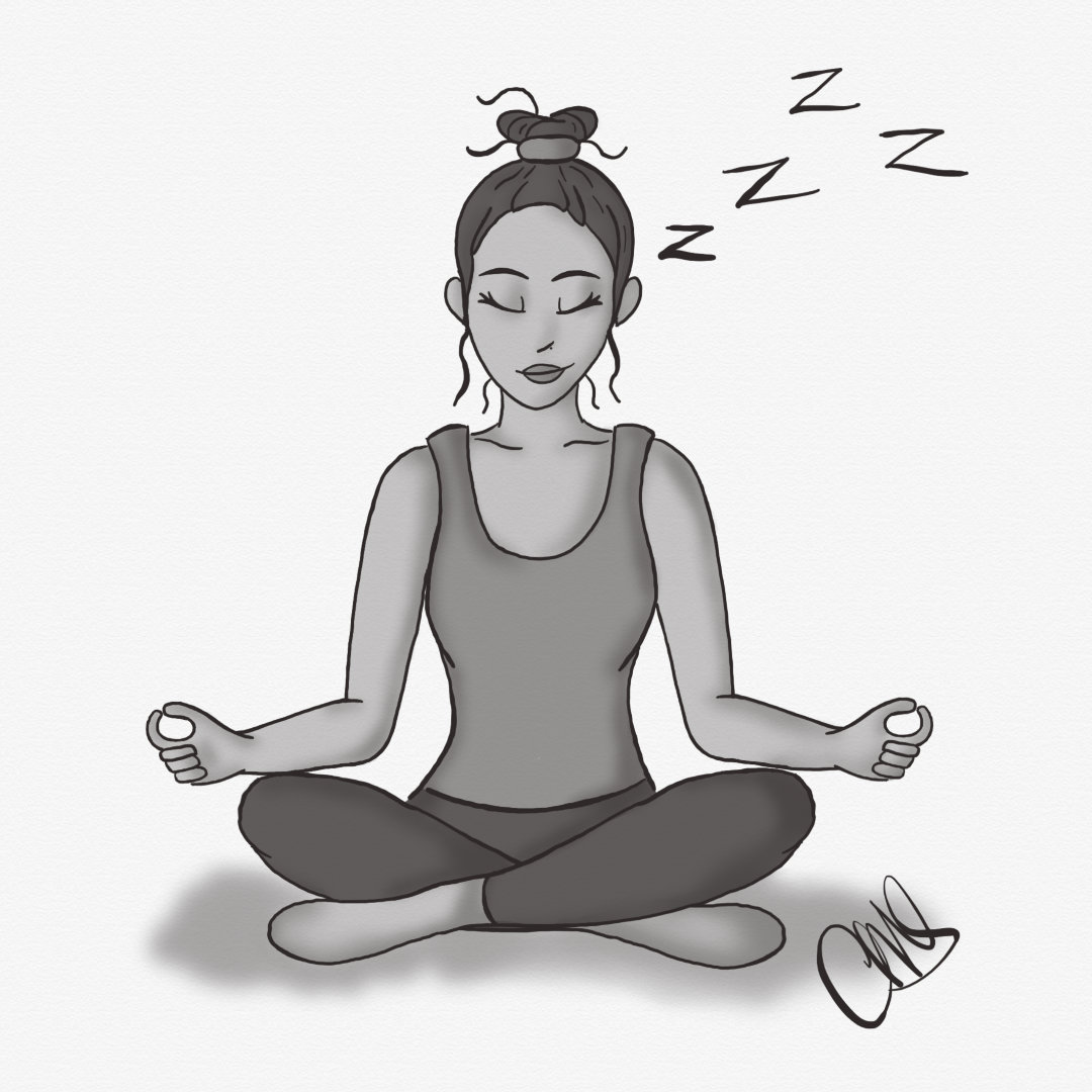 A woman in workout clothes and hair in a high bun. She is sitting cross-legged with her eyes closed, looking like she is meditating. In reality, you see the Zzzz floating above her head to tell the viewer she is really sleeping.