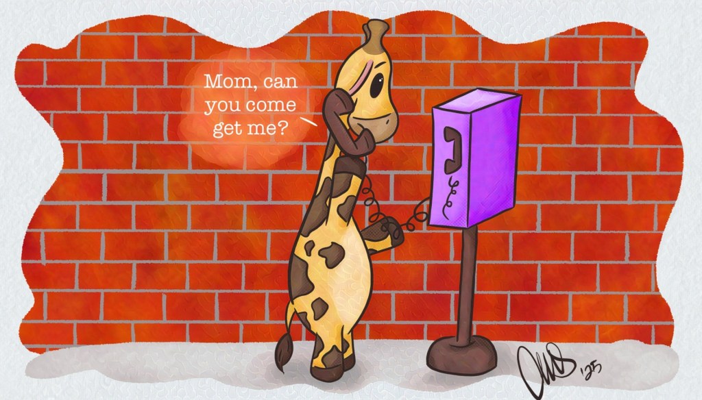 Gigi the giraffe is standing outside a building on a pay phone, making a call. Text: "Mom, can you come get me?"
