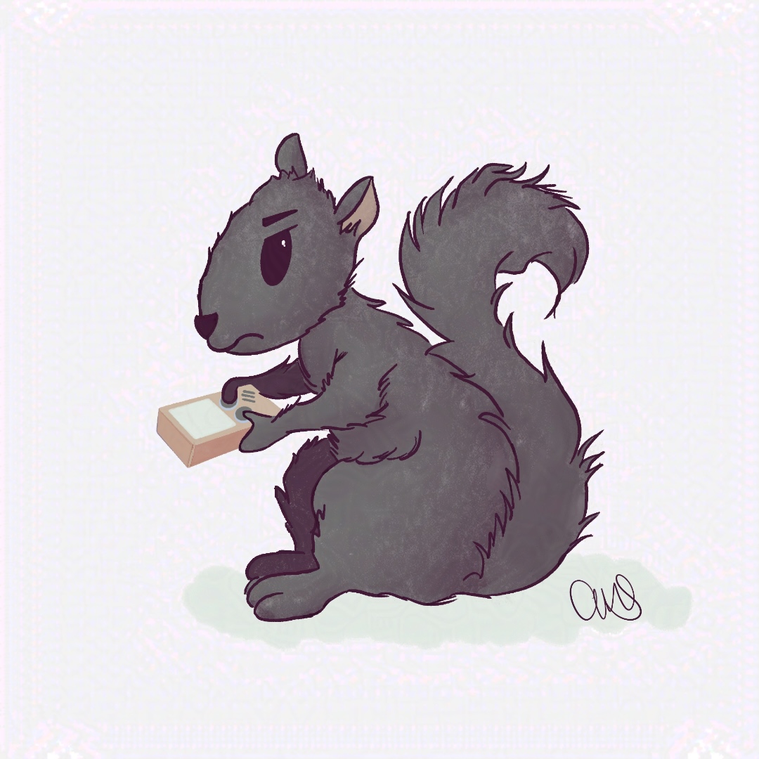 A squrrel holding a video game and looking frustrated with the game. Could he possibly be losing the game?