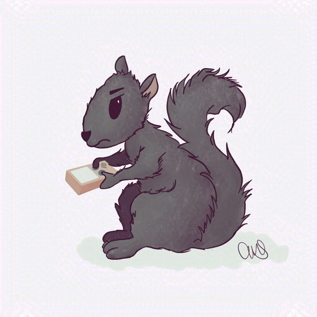 A squrrel holding a video game and looking frustrated with the game. Could he possibly be losing the game?